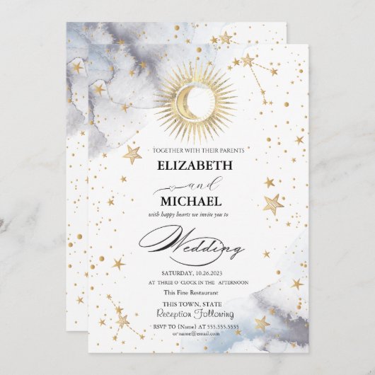 Celestial Sun,Moon,Sternskript Einladung (Vorne/Hinten)