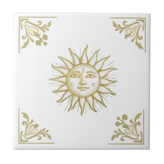 Celestial Sun with Face Gold and White Delft style Fliese (Vorderseite)
