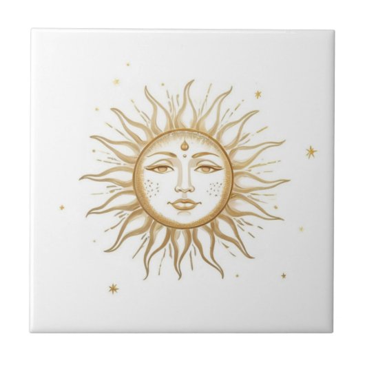 Celestial Sun with Face Gold and White Fliese (Vorderseite)