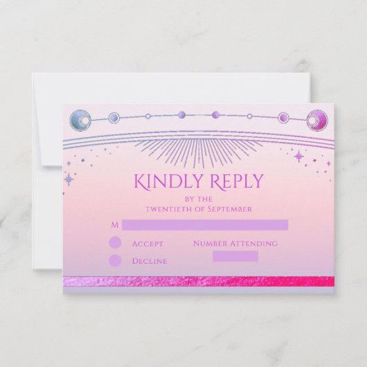 Celestial Sunset Pink Sun Moon Stars Hochzeit RSVP Karte (Vorderseite)