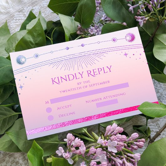 Celestial Sunset Pink Sun Moon Stars Hochzeit RSVP Karte