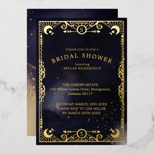 Celestial Tarot Card Sun & Moon Navy Brautparty Folieneinladung (Vorderseite/Rückseite)