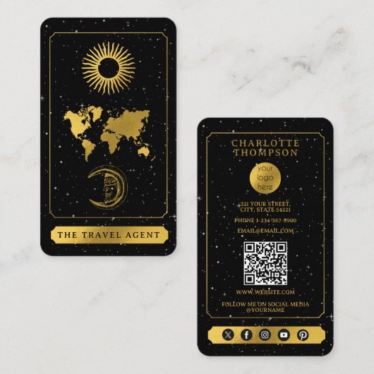 Celestial Tarot Logo Reise Agent Schwarzes Gold Visitenkarte (Vorne/Hinten)