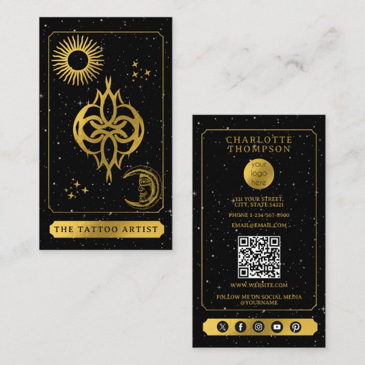 Celestial Tarot Logo Tattoo Artist Black Gold Visitenkarte (Vorne/Hinten)