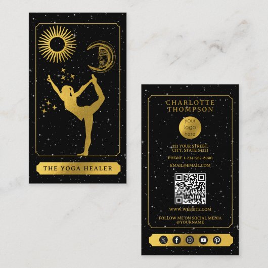 Celestial Tarot Logo Yoga Healer Black Gold Visitenkarte (Vorne/Hinten)