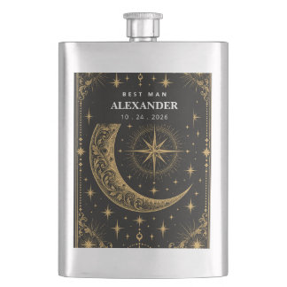 Celestial Tarot Moon Gold Groomsmen Matte Black Flachmann