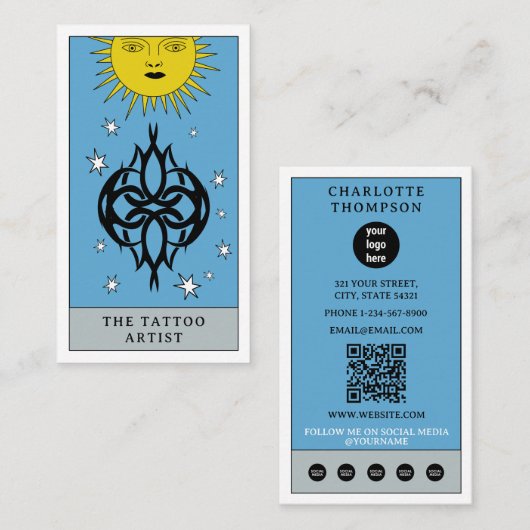 Celestial Tarot Sun Tattoo Artist Piercer Logo Visitenkarte (Vorne/Hinten)