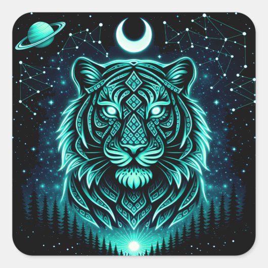 Celestial Tiger – Cosmic Striker Wildlife Galaxy Quadratischer Aufkleber (Vorderseite)