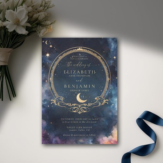 Celestial Waters Midnight Blue Elegante Wedding Einladung