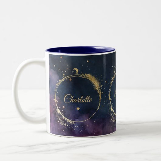 Celestial Waters Midnight Blue Galaxy Sky Planets Zweifarbige Tasse (Links)