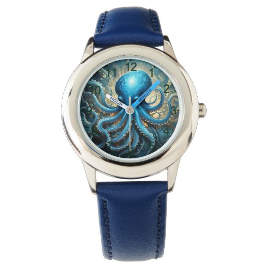 Celestial Waves: Blue Octopus Fractal Art,  Armbanduhr (Vorderseite)