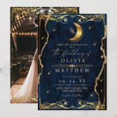 Celestial Wedding Blue and Gold Photo Wedding Einladung (Vorne/Hinten)