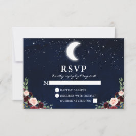 Celestial Wedding Blue Sky Moon Stars Floral RSVP Karte