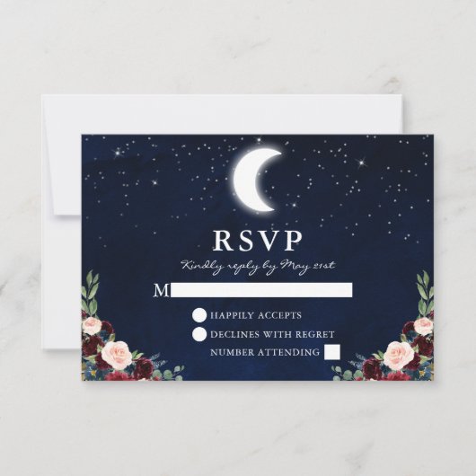 Celestial Wedding Blue Sky Moon Stars Floral RSVP Karte (Vorderseite)
