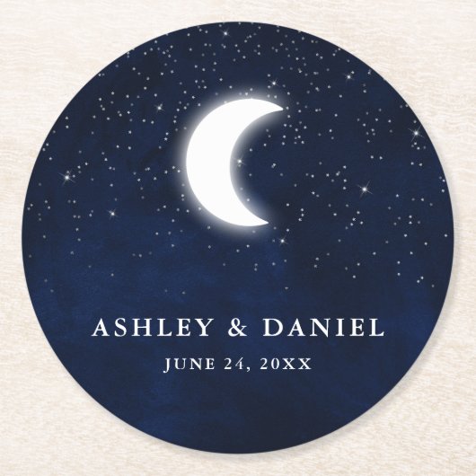 Celestial Wedding Blue Sky Moon Stars Runder Pappuntersetzer (Vorderseite)
