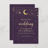 Celestial Wedding Deep Lila Stars Moon Save The Date (Vorne/Hinten)
