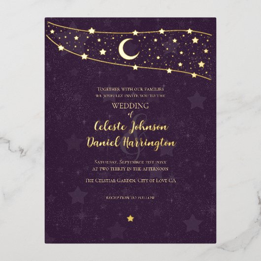 Celestial Wedding Extravagant Gold Deep Lila Folie Einladungspostkarte (Vorderseite)