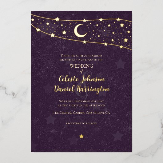 Celestial Wedding Extravagant Gold Deep Lila Folieneinladung (Vorderseite)