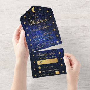 Celestial Wedding Gold Stars and Moon Elegante All In One Einladung
