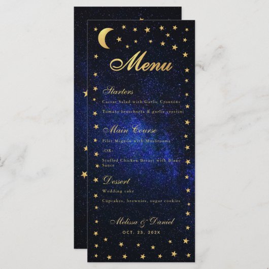 Celestial Wedding Menu - Elegante Blue Gold Stars Menükarte (Vorne/Hinten)
