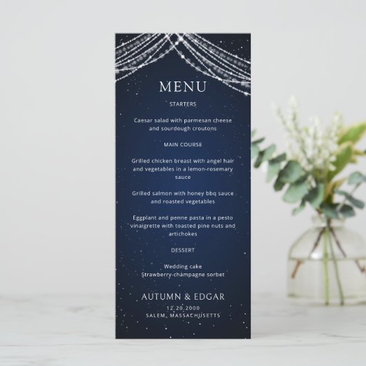 Celestial Wedding Menu für String Lights Menükarte (Stehend Vorderseite)