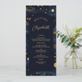 Celestial Wedding Menu mit Gast Name Menükarte (Stehend Vorderseite)