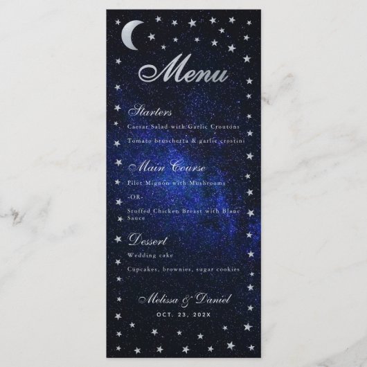 Celestial Wedding Menu Moon and Stars Calligraphy Menükarte (Vorderseite)
