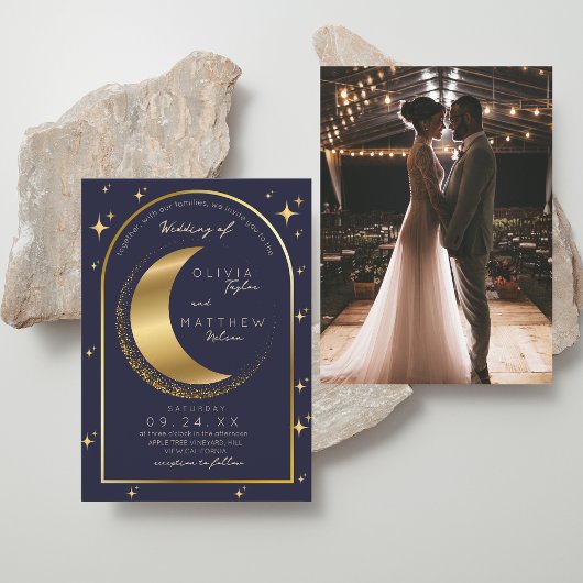 Celestial Wedding Mitternacht Stars Moon Gold Einladung