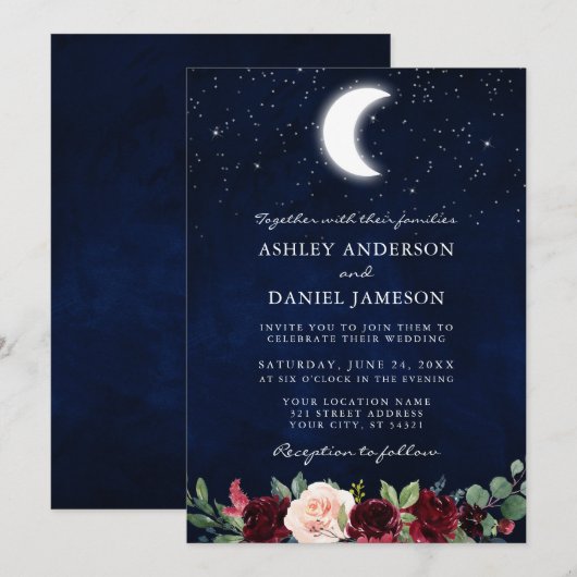 Celestial Wedding Moon Stars Floral Einladung (Vorne/Hinten)