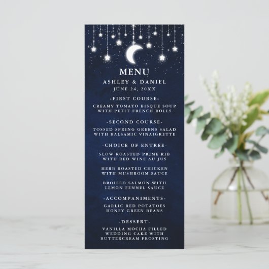 Celestial Wedding Moon Stars Lights Menu Menükarte (Stehend Vorderseite)