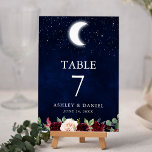 Celestial Wedding Sky Stars Moon Floral Tischnummer<br><div class="desc">Celestial Wedding Watercolor Blue Sky Stars Tischnummer Card. Watercolor Burgundy Blue Pink Floral. Eukalyptus-Blätter im Grünen.</div>