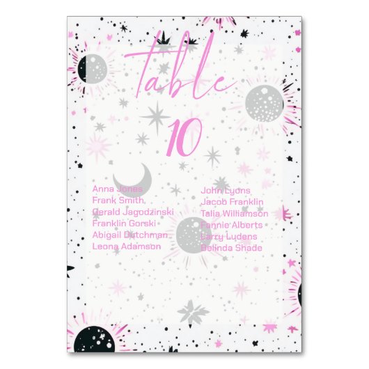 Celestial Wedding Tischnummern mit Gästebamen (Vorderseite)