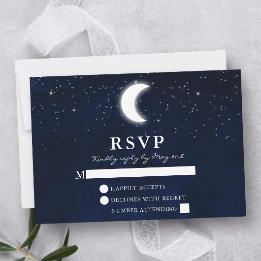 Celestial Wedding Watercolor Blue Sky Moon Stars RSVP Karte