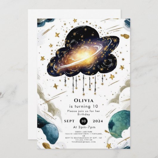 Celestial Whimsy Space Geburtstag Einladung (Vorne/Hinten)