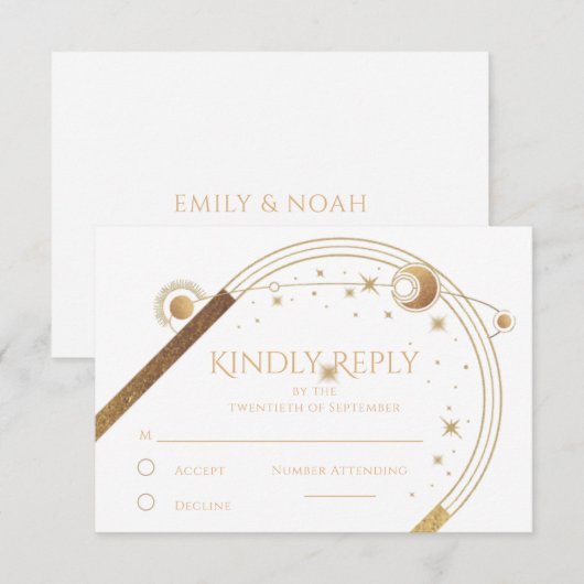 Celestial White Gold Sun Moon Stars Hochzeit RSVP Karte (Vorne/Hinten)