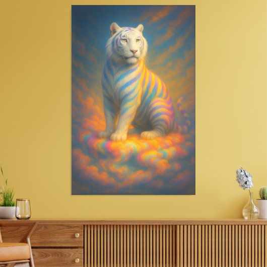 Celestial White Tiger – Divine Pastel Aura Fantasy Leinwanddruck (Insitu (Wohnzimmer))