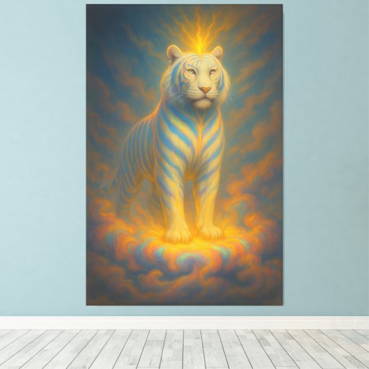 Celestial White Tiger – Golden Halo Divine Fantasy Leinwanddruck (Insitu (Holzboden))