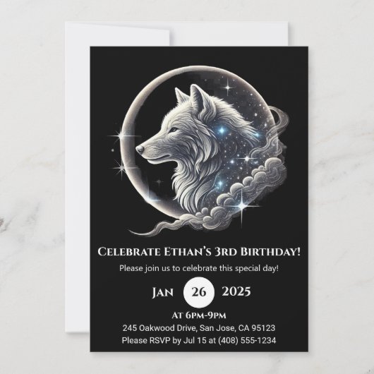 Celestial White Wolf Moon Birthday Invitation Einladung (Vorderseite)