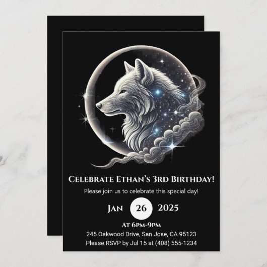 Celestial White Wolf Moon Birthday Invitation Einladung (Vorne/Hinten)