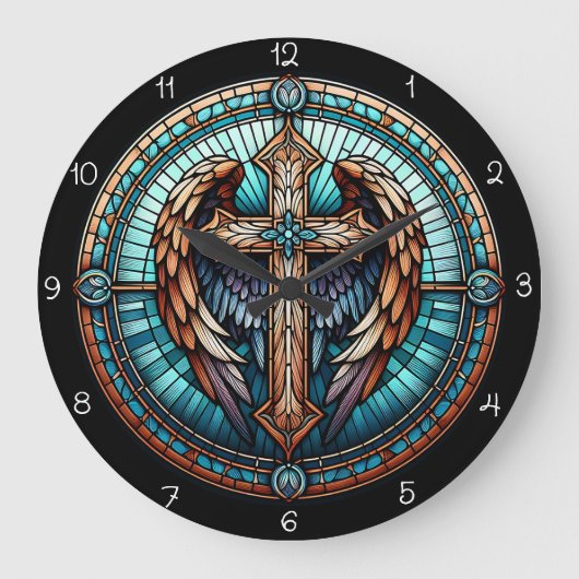 Celestial Winged Cross Große Wanduhr (Vorderseite)