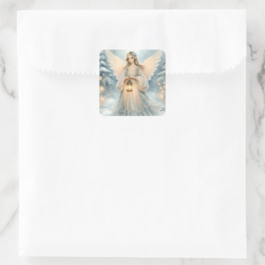 Celestial Winter Angel Lantern of Grace Quadratischer Aufkleber (Tasche)