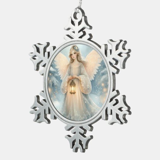 Celestial Winter Angel Lantern of Grace Schneeflocken Zinn-Ornament (Rechts)