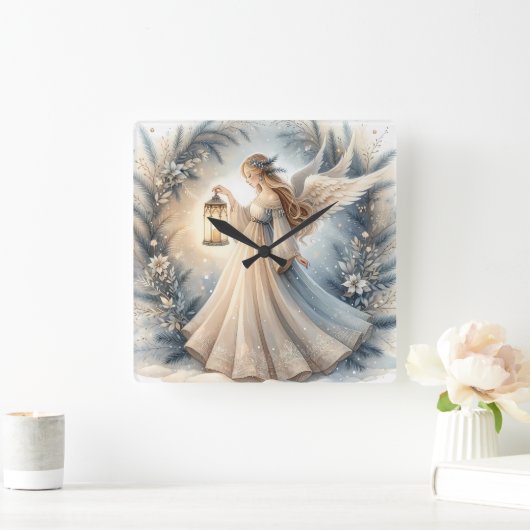 Celestial Winter Angel Lantern of Peace Quadratische Wanduhr (Zuhause)