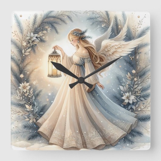 Celestial Winter Angel Lantern of Peace Quadratische Wanduhr (Vorderseite)