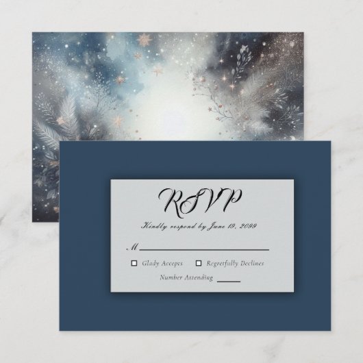 Celestial Winter Midnight Sparkle Wedding RSVP Karte (Vorne/Hinten)