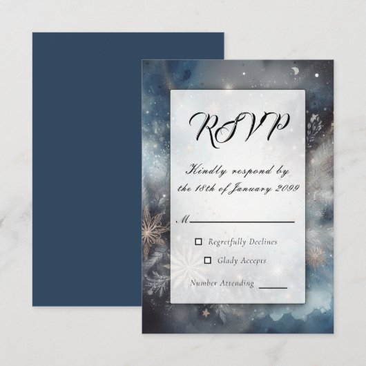Celestial Winter Midnight Sparkle Wedding RSVP Karte (Vorne/Hinten)