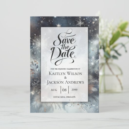 Celestial Winter Midnight Sparkle Wedding Save The Date (Stehend Vorderseite)