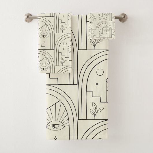 Celestial Witchy Eye Landscape Arch Line in Schwar Badhandtuch Set (Insitu)