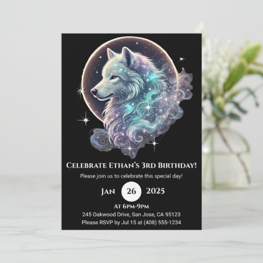 Celestial Wolf Moon Birthday Einladung (Stehend Vorderseite)