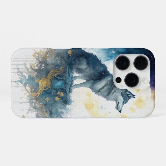 Celestial Wolf Night Sky Gold Filigree iPhone 16 P Hülle (Rückseite (Horizontal))
